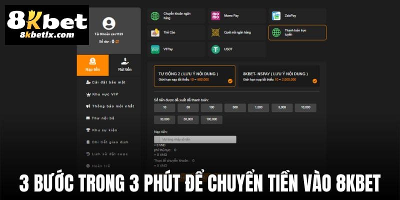 3 bước trong 3 phút để chuyển tiền vào tài khoản 8KBET